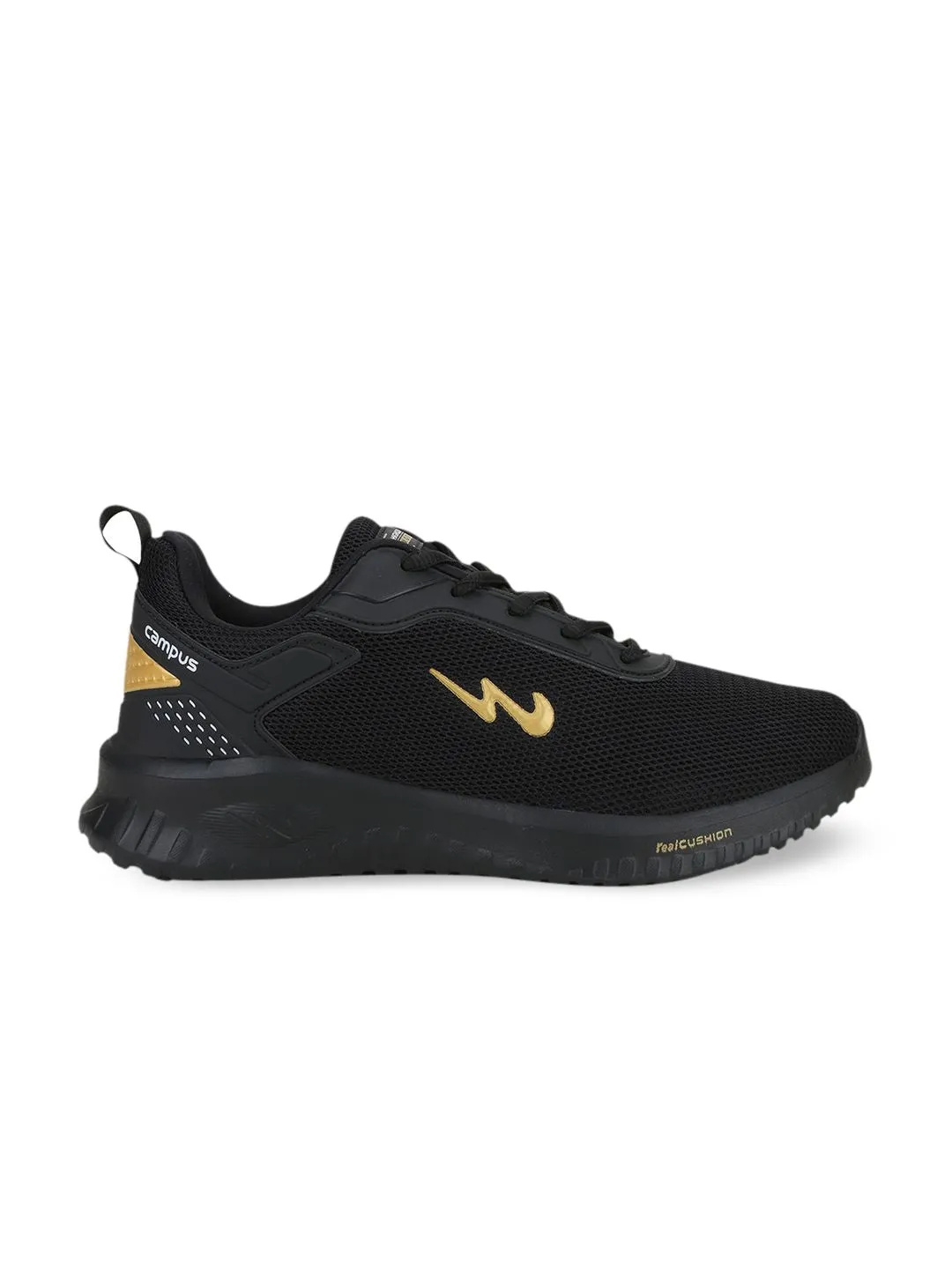 Campus Men Black & Gold-Toned Mesh Wells Running Shoes