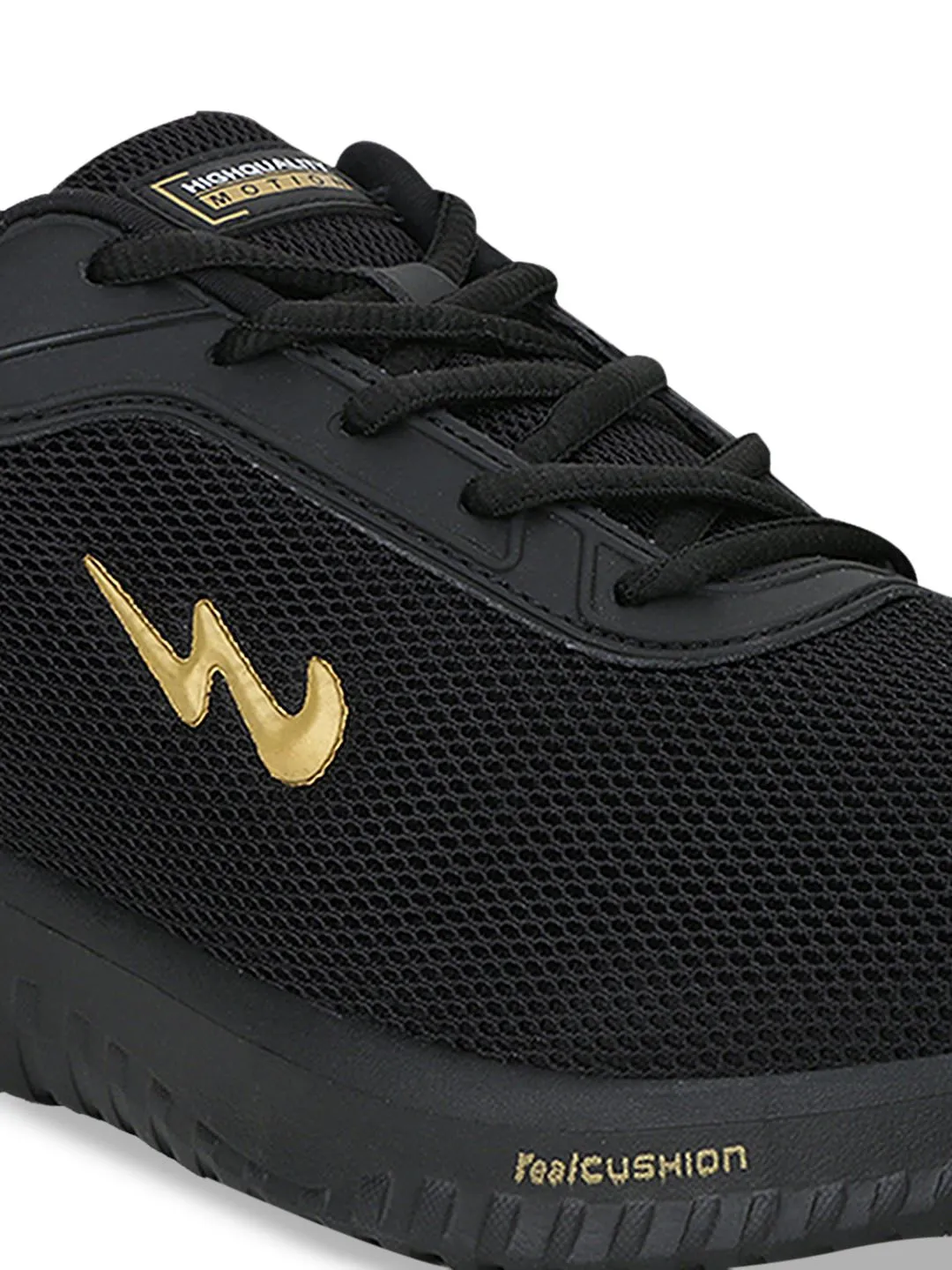 Campus Men Black & Gold-Toned Mesh Wells Running Shoes