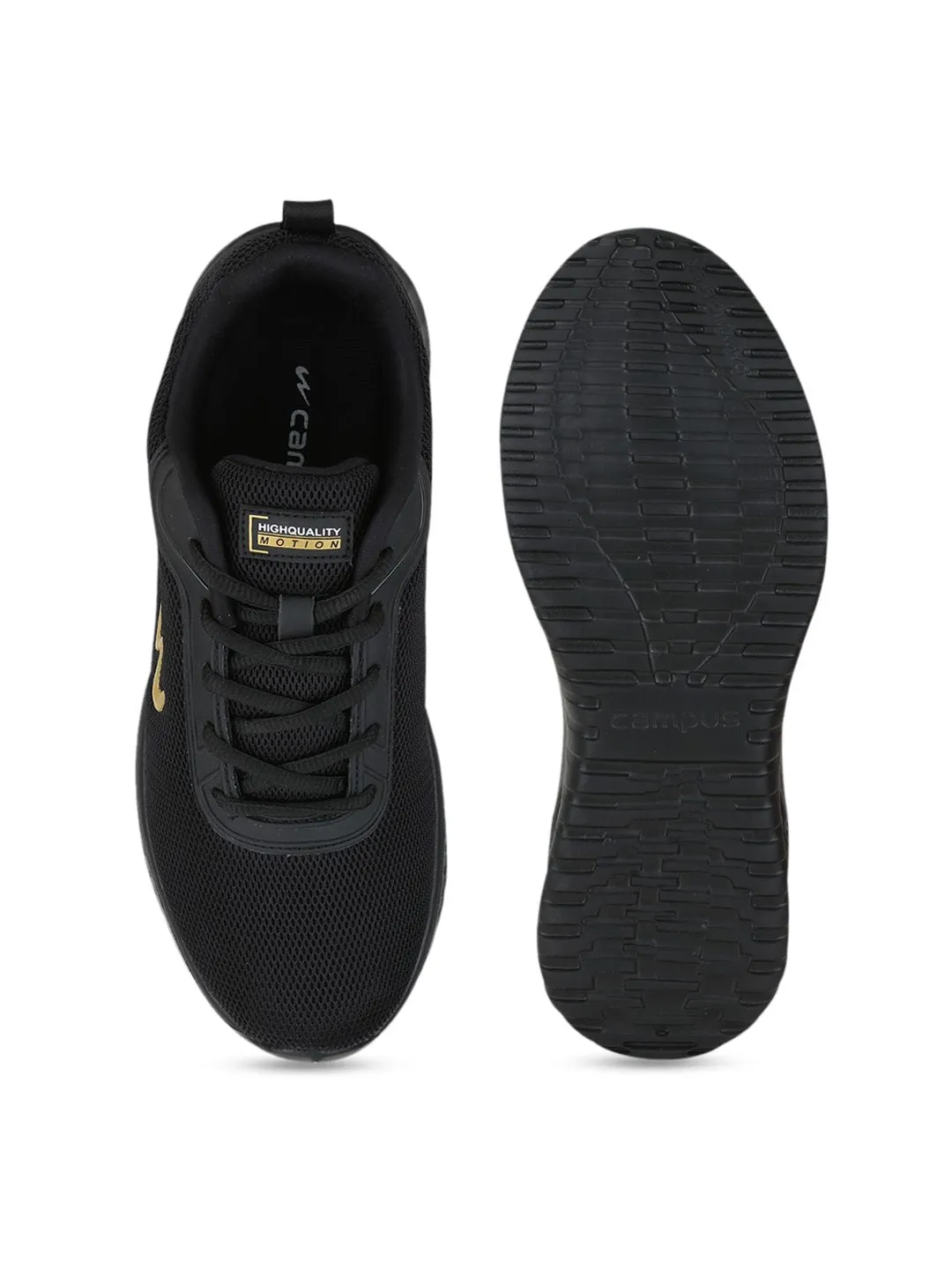 Campus Men Black & Gold-Toned Mesh Wells Running Shoes