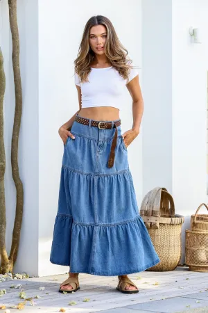 Denim Zip Front Tier Maxi Skirt