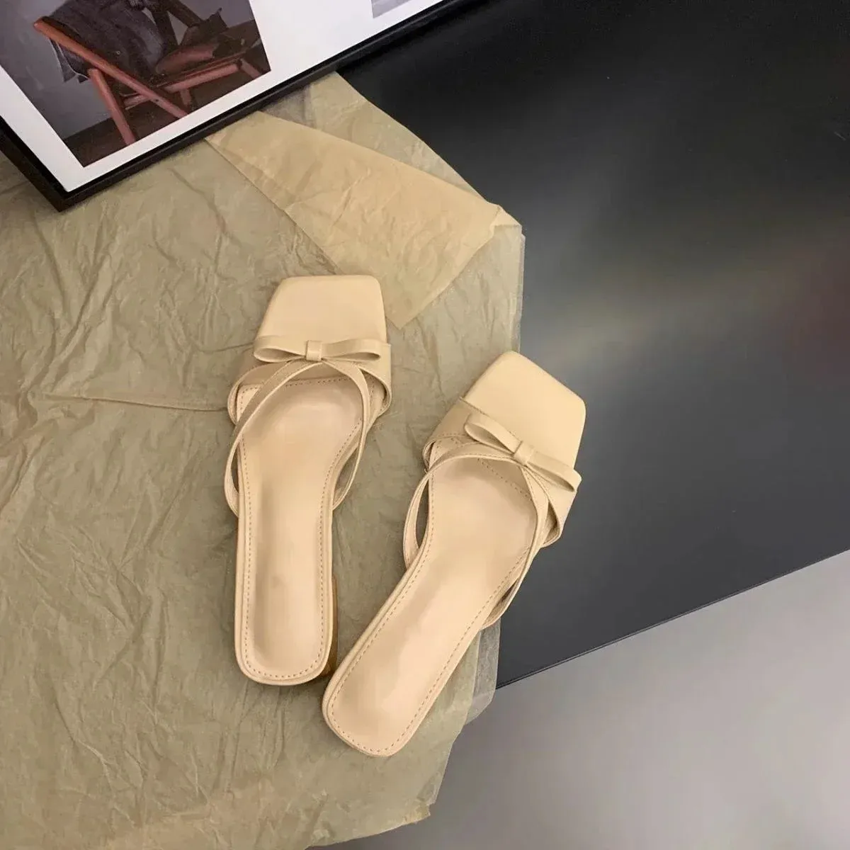 Sohiwoo New Style Square Toe Thick Heel Shallow Mouth Breathable Solid Color Bow Decorated Elegant Women's Shoes Casual Slippers