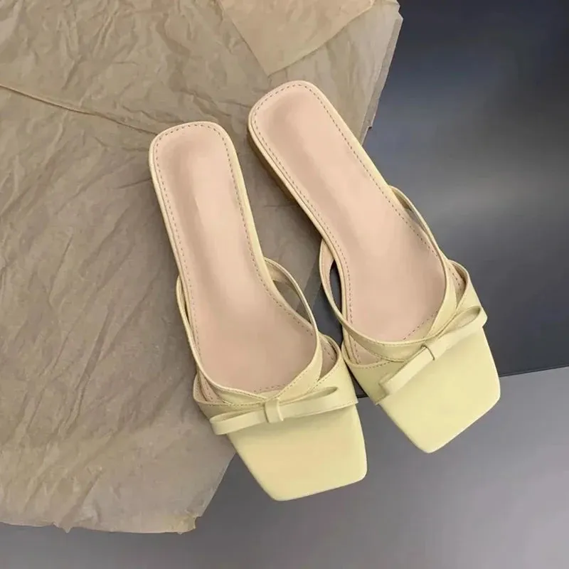 Sohiwoo New Style Square Toe Thick Heel Shallow Mouth Breathable Solid Color Bow Decorated Elegant Women's Shoes Casual Slippers