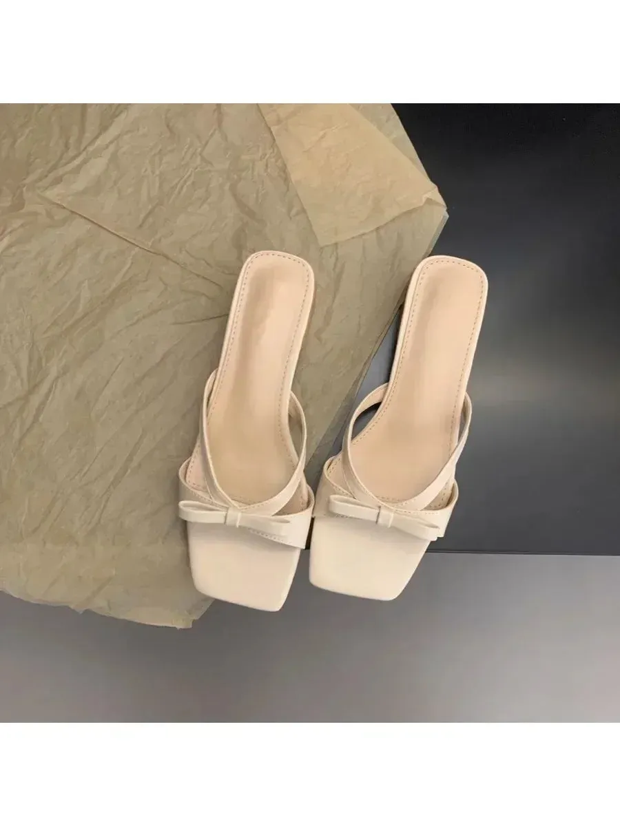 Sohiwoo New Style Square Toe Thick Heel Shallow Mouth Breathable Solid Color Bow Decorated Elegant Women's Shoes Casual Slippers