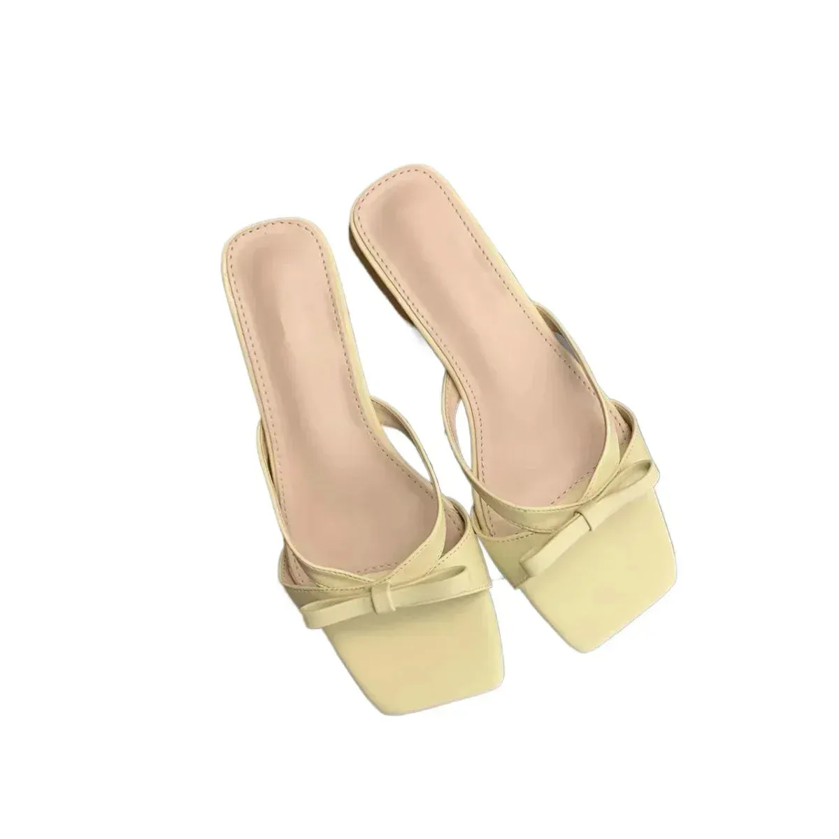 Sohiwoo New Style Square Toe Thick Heel Shallow Mouth Breathable Solid Color Bow Decorated Elegant Women's Shoes Casual Slippers